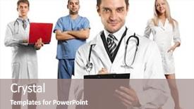  Presentation with clipboard stethoscope - Audience pleasing presentation design consisting of doctor man with stethoscope and clipboard with his employee backdrop and a gray colored foreground