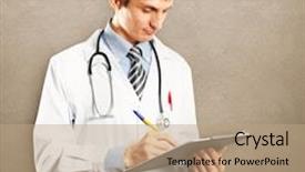  Presentation with clipboard stethoscope - Slide set consisting of clip board - doctor man with stethoscope background and a coral colored foreground