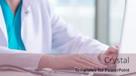  Presentation with lab - Slide deck with doctor man working on the computer in lab background and a coral colored foreground