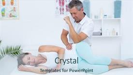  Presentation with doctor and patient medical consultation - Slide deck enhanced with doctor massaging his patient hip background and a sky blue colored foreground