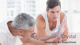  Presentation with doctor office - PPT theme featuring doctor measuring wrist with goniometer in medical office background and a coral colored foreground