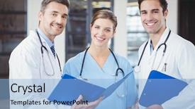  Presentation with hospital - Amazing PPT theme having doctor notepad - portrait of happy cowerkers backdrop and a light blue colored foreground