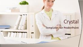  Presentation with physician - PPT layouts consisting of doctor office - portrait female physician sit by desk background and a lemonade colored foreground