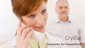  Presentation with physician - Theme with doctor office - portrait female physician make phone call senior patient in background background and a lemonade colored foreground