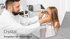  Presentation with ophthalmologist - PPT theme consisting of doctor ophthalmologist holding special eye equipment examinating girl's eyes in the clinic background and a light gray colored foreground