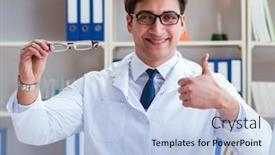  Presentation with optical - Colorful PPT layouts enhanced with doctor-optician-prescribing-holding-optical backdrop and a light blue colored foreground