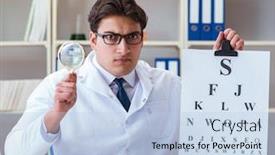  Presentation with eye doctor - PPT theme consisting of doctor optician with letter chart conducting an eye test check background and a light blue colored foreground