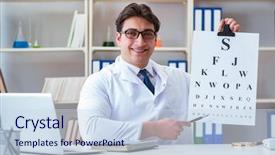  Presentation with eye doctor - Theme with blurry vision - doctor optician with letter chart background and a sky blue colored foreground