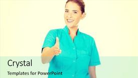  Presentation with teamwork nurse doctor - PPT theme with doctor or nurse giving hand background and a  colored foreground