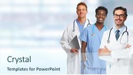  Presentation with pharmacist - Beautiful presentation theme featuring doctor pharmacist group backdrop and a sky blue colored foreground