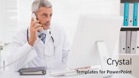  Presentation with doctor office - Amazing PPT theme having doctor phoning and using computer in medical office backdrop and a light gray colored foreground