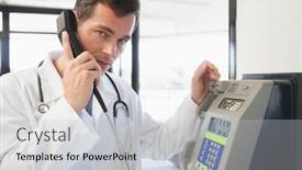  Presentation with healthcare workers - Beautiful slides featuring doctor phoning in the hospital corridor healthcare workers in the coronavirus covid19 pandemic backdrop and a light gray colored foreground