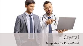  Presentation with laptop - Colorful PPT theme enhanced with doctor-pointing-at-a-laptop backdrop and a light gray colored foreground