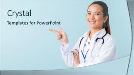  Presentation with happy smiling woman dental health - Presentation theme featuring doctor posing isolated over blue background and a sky blue colored foreground