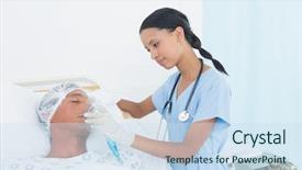  Presentation with hospital mask - Slide deck enhanced with doctor putting an oxygen mask background and a sky blue colored foreground