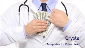  Presentation with money - Presentation design with doctor putting money in his background and a sky blue colored foreground