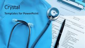  Presentation with questionnaire - Slide set consisting of doctor questionnaire - medical stethoscope clipboard and coat background and a light blue colored foreground