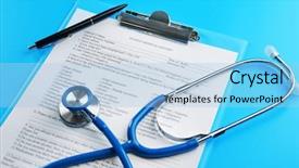  Presentation with medical clipboard - Cool new PPT layouts with doctor questionnaire - medical stethoscope clipboard and pen backdrop and a light blue colored foreground