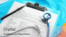  Presentation with medical clipboard - PPT theme having doctor questionnaire - medical stethoscope clipboard pills background and a light gray colored foreground