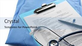  Presentation with clipboard stethoscope - Amazing slides having doctor questionnaire - stethoscope coat pills pen backdrop and a light blue colored foreground