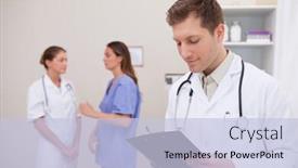  Presentation with patients - Beautiful theme featuring doctor reading patients record with colleagues behind him backdrop and a light blue colored foreground