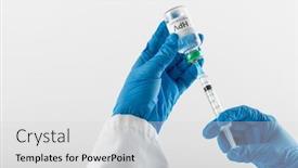  Presentation with medical vaccine - PPT theme enhanced with doctor-s-gloved-hands-filling background and a light gray colored foreground
