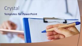  Presentation with medical clipboard - Amazing PPT theme having doctor-s-hand-with-pen backdrop and a sky blue colored foreground