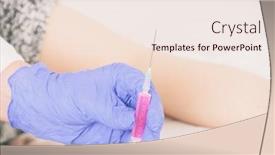  Presentation with syringe - PPT theme enhanced with doctor-s-hands-holding background and a sky blue colored foreground