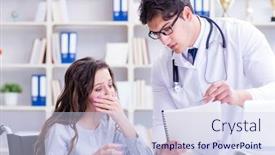  Presentation with lab test - Colorful presentation theme enhanced with doctor-sharing-discouraging-lab-test backdrop and a sky blue colored foreground