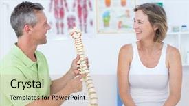 Presentation with spine - Theme with doctor showing anatomical spine in medical office background and a coral colored foreground