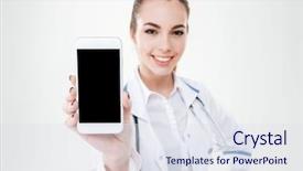  Presentation with doctor helps to get out of bed an elderly woman - Cool new slide deck with doctor showing blank screen mobile backdrop and a sky blue colored foreground