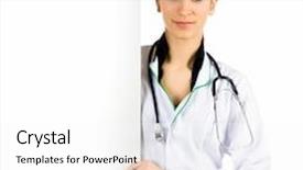  Presentation with space - Slide deck having doctor showing clipboard with copy space for text or design background and a white colored foreground