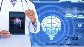  Presentation with human brain - Amazing PPT theme having doctor showing human brain backdrop and a teal colored foreground