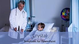  Presentation with digital hospital - Theme enhanced with doctor showing medical report in digital tablet to patient in hospital background and a light blue colored foreground