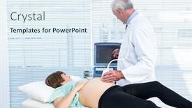  Presentation with ultrasound - Slide deck with doctor showing ultrasound results to pregnant woman in clinic background and a sky blue colored foreground