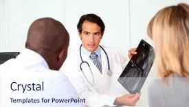  Presentation with patients - Amazing PPT theme having doctor showing xray results to patients backdrop and a sky blue colored foreground