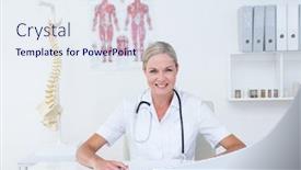  Presentation with medical desk - Slide set having doctor sitting at her desk smiling at camera in medical office background and a sky blue colored foreground