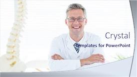  Presentation with medical desk - Slide deck enhanced with doctor sitting at his desk smiling at camera in medical office background and a sky blue colored foreground