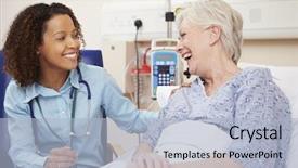  Presentation with female hospital patient - PPT theme having doctor sitting by female patient' background and a light blue colored foreground