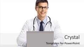  Presentation with smiling paramedic sitting in ambulance - Audience pleasing PPT theme consisting of doctor sitting with a laptop backdrop and a light gray colored foreground