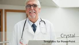  Presentation with healthcare workers - Audience pleasing presentation consisting of doctor smiling in hospital corridor holding patient file healthcare workers in the coronavirus covid19 pandemic backdrop and a light gray colored foreground