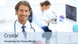  Presentation with new born doctor - Colorful presentation theme enhanced with doctor smiling with arms cross backdrop and a light blue colored foreground