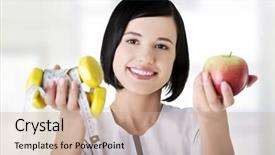  Presentation with measuring - Slide deck enhanced with doctor sport - woman dietician holding apple background and a  colored foreground