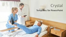  Presentation with rehab - Slide deck having doctor-standing-by-smiling-female background and a light gray colored foreground