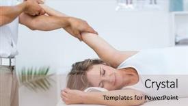  Presentation with doctor and patient medical consultation - Audience pleasing presentation theme consisting of doctor stretching his patients arm backdrop and a coral colored foreground