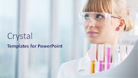  Presentation with chemistry - PPT theme consisting of doctor student female researcher holding up a test tube in chemistry bright labaratory background and a sky blue colored foreground