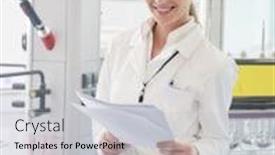  Presentation with worried female college student for health check up - Slides enhanced with doctor student female researcher holding up a test tube in chemistry bright labaratory background and a light gray colored foreground