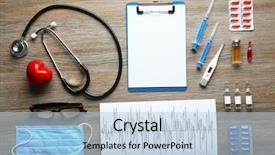  Presentation with medicines - Audience pleasing PPT theme consisting of electronic injection - doctor table with medical items backdrop and a light blue colored foreground