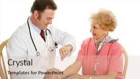  Presentation with pulse - Theme featuring doctor taking a senior woman's pulse as part of a routine physical isolated on white background background and a soft green colored foreground