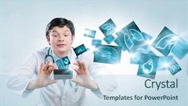  Presentation with funny - Colorful PPT theme enhanced with doctor taking photos with mobile backdrop and a  colored foreground